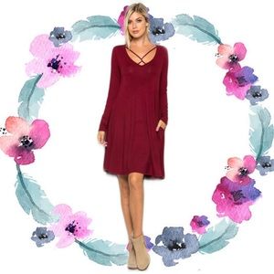 Strappy Neck Burgundy Long Sleeve Dress W/ Pockets